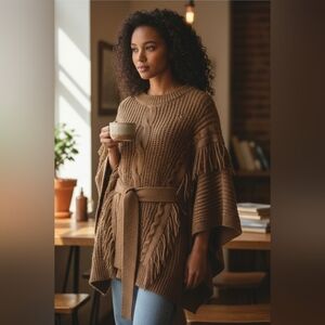 DAVID & DANI | CABLE KNIT BELTED BAT WING FRINGED SWEATER